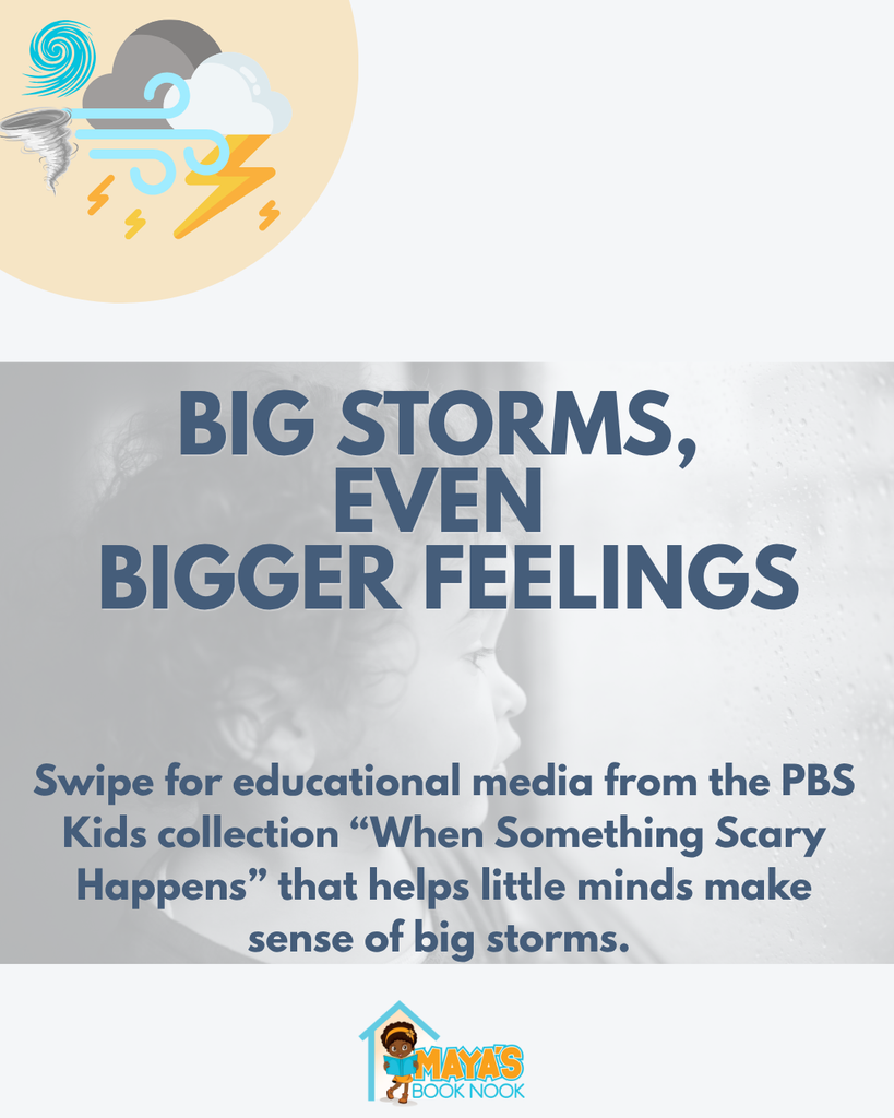 Cover image of a boy watching rain fall with the header, "Big Storms, Even Bigger Feelings"